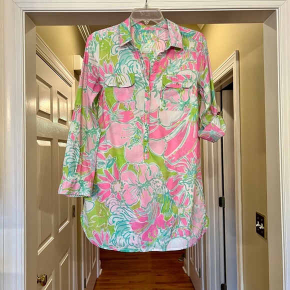 EUC Lilly Pulitzer Captiva Swimsuit Cover Up Flamingo Don't Give a Cluck SMALL - Picture 2 of 4
